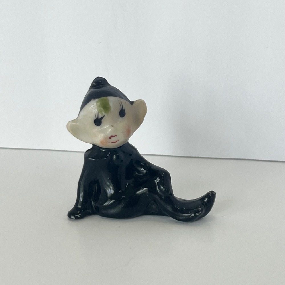Vintage Ceramic Pixie Elf Figurine Black Suit Sitting Gnome Japan Mid Century